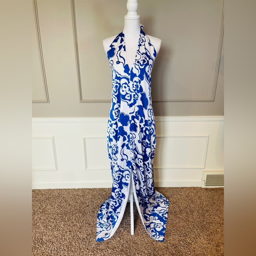 Sugarlips NWT 3X Halter Dress White Cobalt Blue Maxi Tie Neck Floral Summer $89